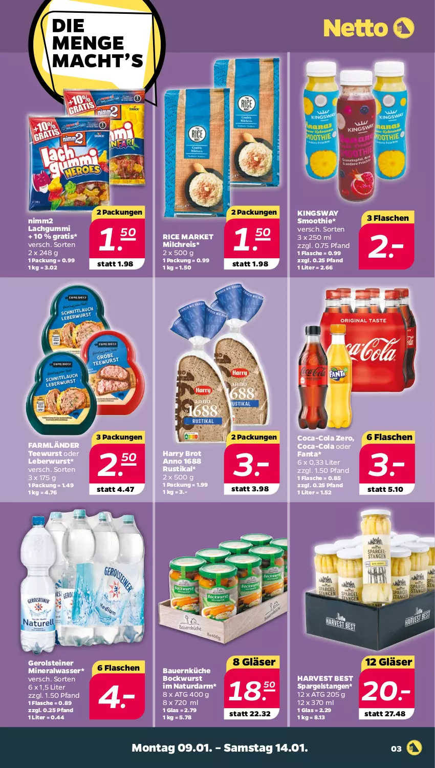 Aktueller Prospekt Netto - Woche 2 - von 09.01 bis 14.01.2023 - strona 3 - produkty: Alwa, auer, Bau, Bauer, bockwurst, brot, coca-cola, cola, eis, fanta, flasche, gerolsteine, gerolsteiner, Gläser, gsw, küche, lachgummi, leberwurst, milch, milchreis, mineralwasser, natur, nimm2, reis, smoothie, spargel, steiner, tee, teewurst, Ti, wasser, wurst