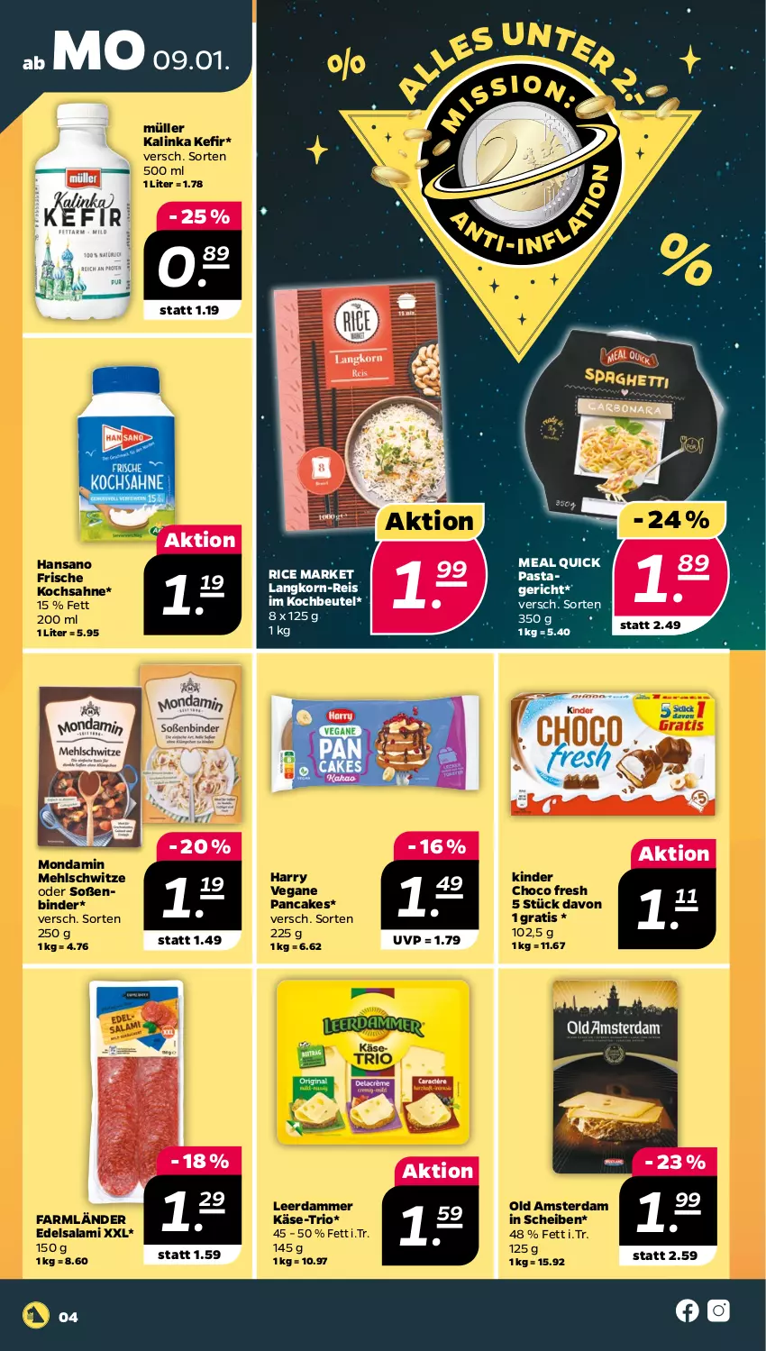 Aktueller Prospekt Netto - Woche 2 - von 09.01 bis 14.01.2023 - strona 4 - produkty: beutel, choco fresh, Edelsalami, eis, Käse, Kefir, Kinder, Kinder Choco fresh, kochbeutel, korn, leerdammer, mehl, mondamin, Müller, Old Amsterdam, pasta, Pastagericht, reis, sahne, salami, Soße, Ti