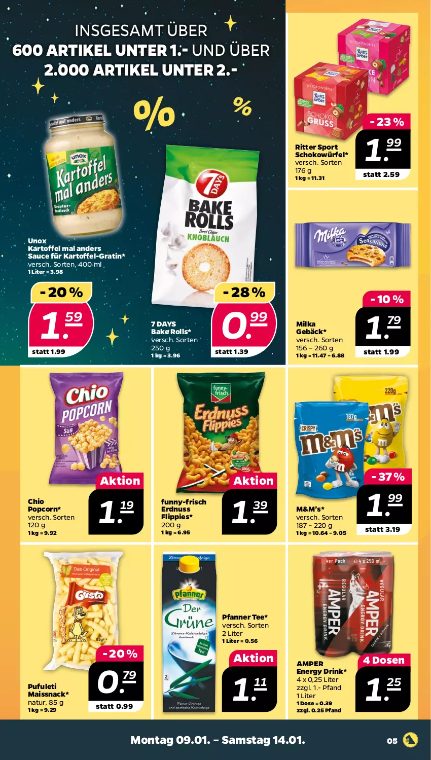 Aktueller Prospekt Netto - Woche 2 - von 09.01 bis 14.01.2023 - strona 5 - produkty: drink, energy drink, erdnuss, flippies, funny-frisch, kartoffel, mais, milka, natur, nuss, pfanne, Pfanner, popcorn, ritter, ritter sport, sauce, schoko, schokowürfel, snack, Sport, tee, Ti, würfel