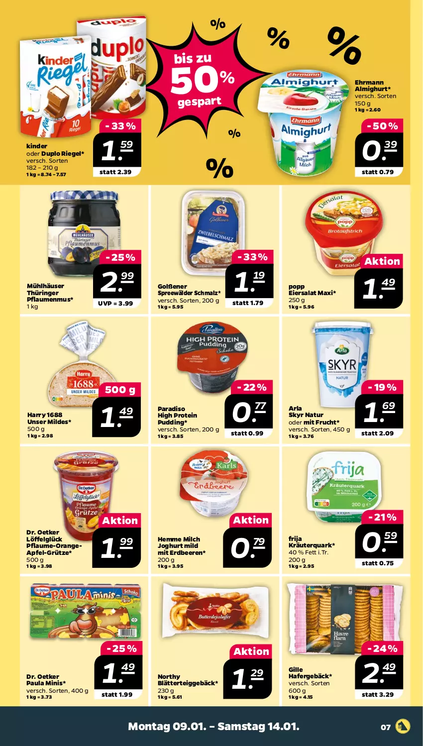 Aktueller Prospekt Netto - Woche 2 - von 09.01 bis 14.01.2023 - strona 7 - produkty: almighur, almighurt, apfel, arla, arla skyr, beere, beeren, blätterteig, blätterteiggebäck, Dr. Oetker, duplo, ehrmann, ehrmann almighurt, eier, eiersalat, erdbeere, erdbeeren, frucht, grütze, hafer, joghur, joghurt, joghurt mild, Kinder, kräuter, LG, Löffel, malz, milch, mit frucht, mühlhäuser, natur, orange, Paula, pflaume, pflaumen, pflaumenmus, Popp, pudding, quark, riegel, ring, salat, Schmalz, Skyr, spreewälder, Ti