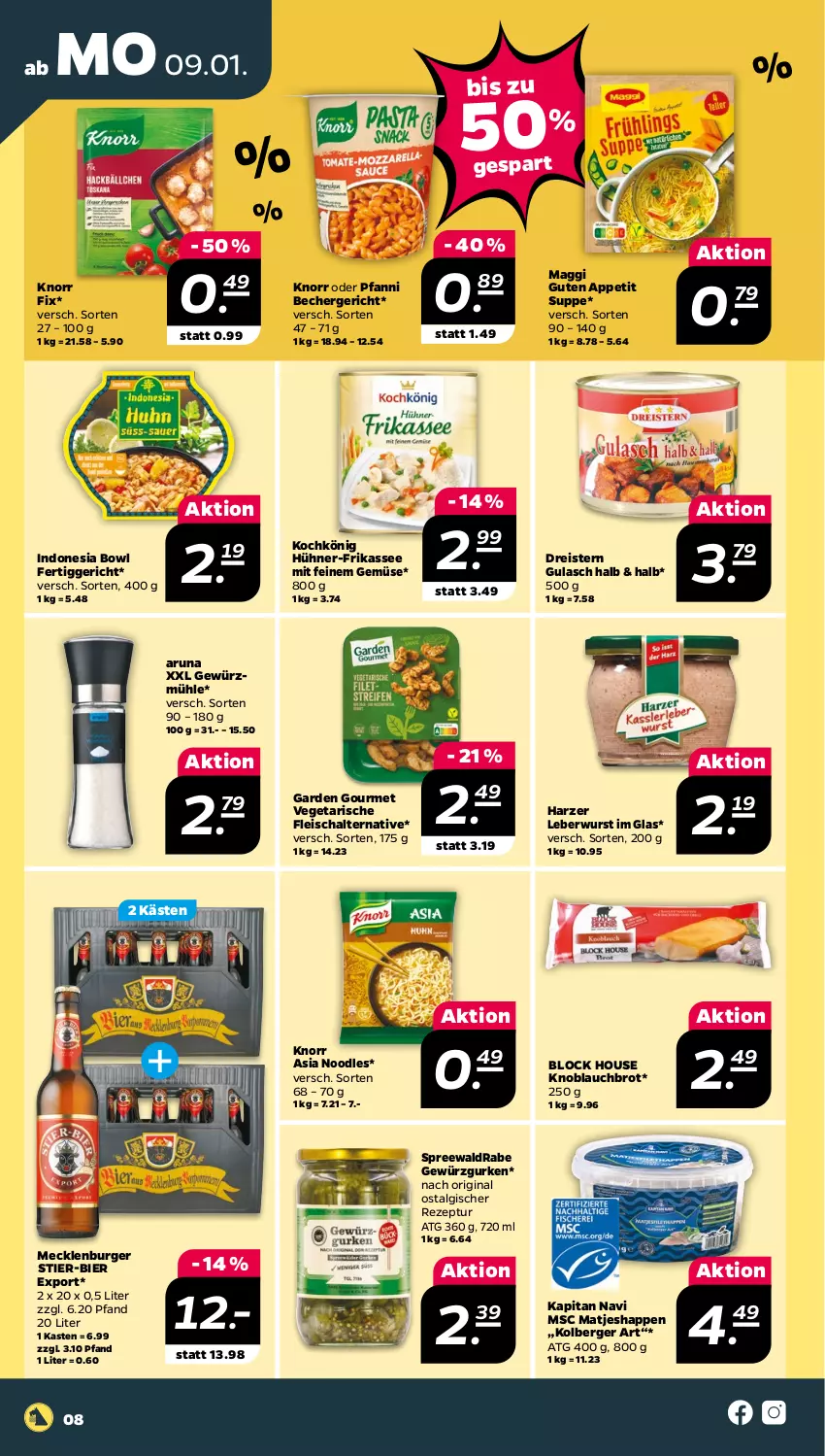 Aktueller Prospekt Netto - Woche 2 - von 09.01 bis 14.01.2023 - strona 8 - produkty: Becher, Berger, bier, brot, burger, dreistern, eis, fertiggericht, fleisch, Fleischalternative, garden gourmet, gewürz, Gewürzgurke, gewürzgurken, Gewürzmühle, gin, gulasch, gurke, gurken, hühner, kapitan navi, knoblauch, knorr, knorr fix, leberwurst, LG, maggi, matjes, pfanni, reis, rezept, Schal, Stier, suppe, Ti, Vegeta, wurst