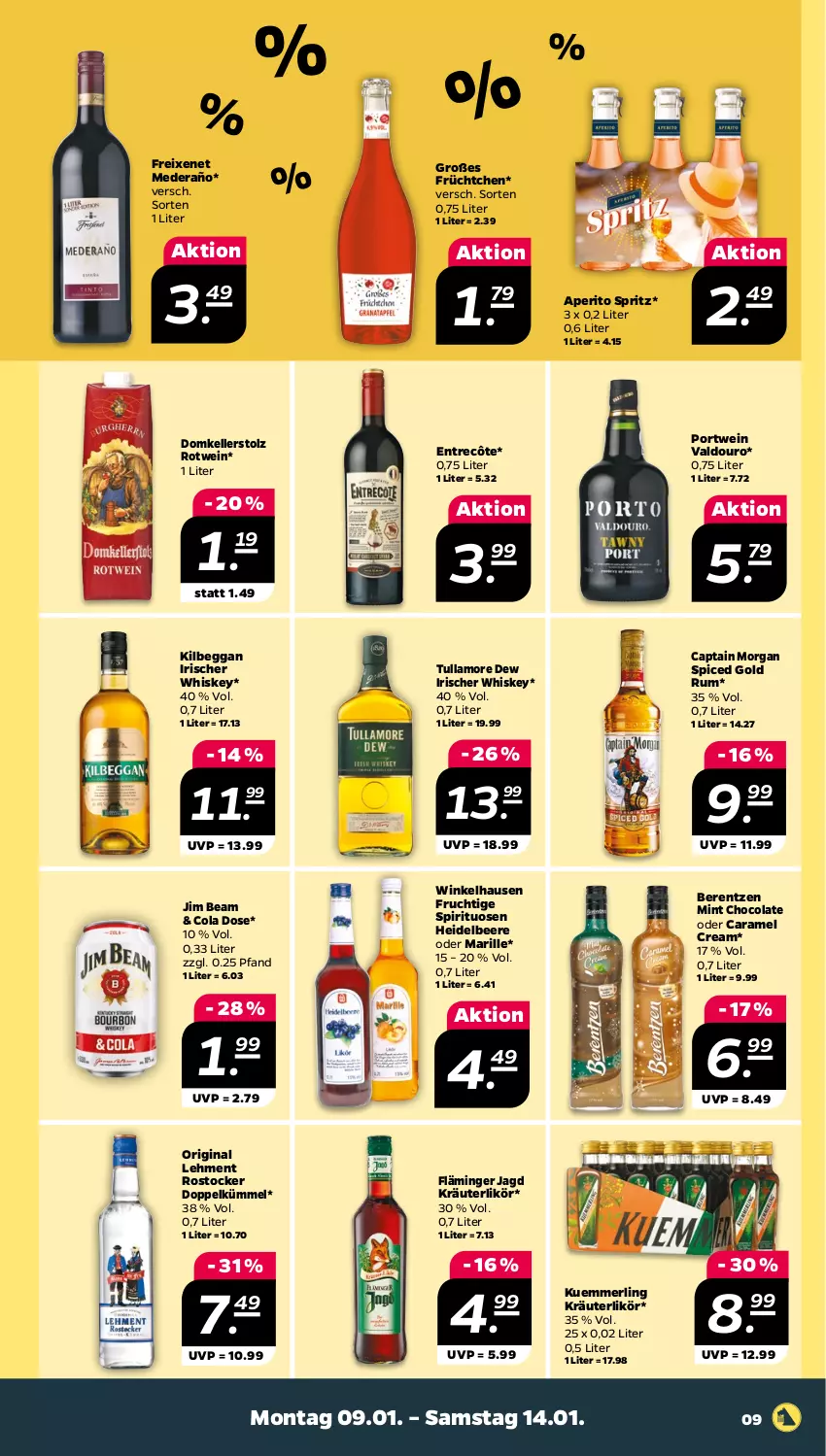 Aktueller Prospekt Netto - Woche 2 - von 09.01 bis 14.01.2023 - strona 9 - produkty: beere, berentzen, Cap, captain morgan, caramel, cola, elle, entrecôte, freixenet, frucht, gin, heidelbeere, jim beam, kilbeggan, kräuter, kräuterlikör, kuemmerling, likör, merl, mint, Portwein, Rostocker, rotwein, rum, spirituosen, Ti, tullamore, tullamore dew, valdo, wein, whiskey, winkelhausen