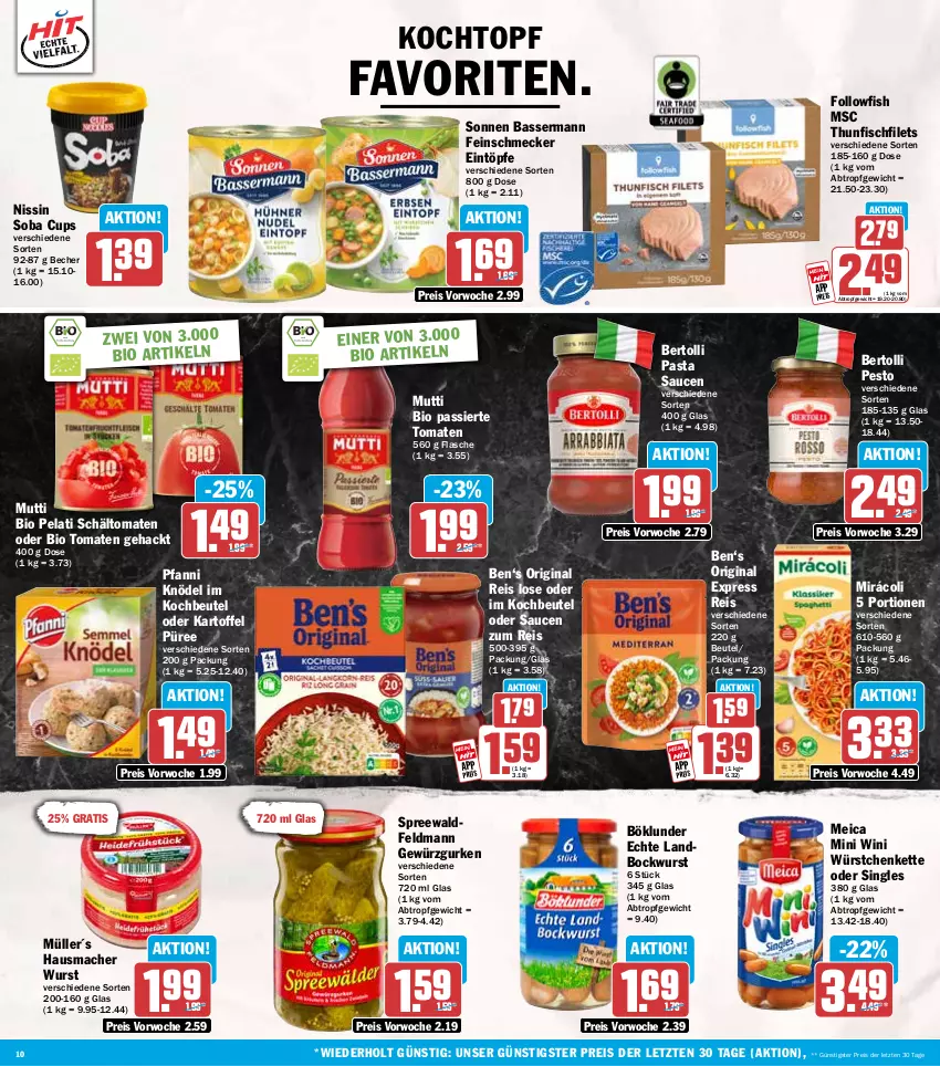 Aktueller Prospekt Hit - Wochenprospekt - von 23.06 bis 28.06.2025 - strona 10 - produkty: Becher, bertolli, beutel, bio, bockwurst, böklunder, eintöpfe, eis, feinschmecker, filet, filets, fisch, flasche, followfish, gewürz, Gewürzgurke, gewürzgurken, gin, gurke, gurken, Hausmacher, kartoffel, Kette, Knödel, kochbeutel, Kochtopf, mac, meica, Mirácoli, Müller, Mutti, Nissin, pasta, Pasta Sauce, pesto, pfanni, püree, reis, sauce, saucen, thunfisch, Ti, tomate, tomaten, topf, wurst, würstchen, ZTE