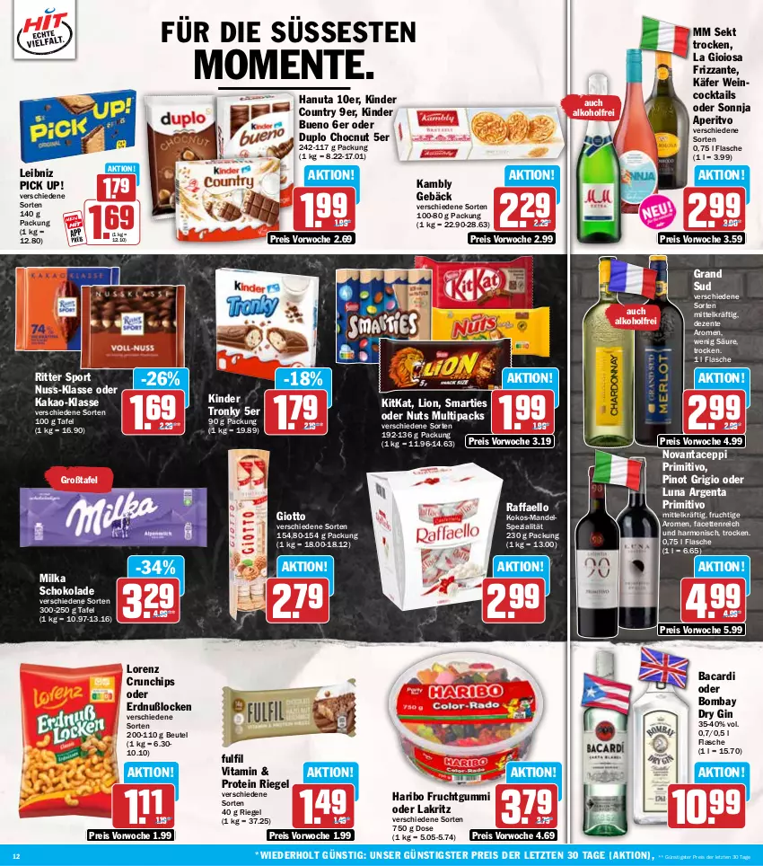 Aktueller Prospekt Hit - Wochenprospekt - von 23.06 bis 28.06.2025 - strona 12 - produkty: alkohol, bacardi, beutel, chips, cocktail, cocktails, crunchips, dry gin, duplo, eis, ente, flasche, frizzante, frucht, fruchtgummi, gin, giotto, grand sud, hanuta, haribo, käfer, kakao, Kinder, kinder bueno, kinder country, kitkat, kokos, La Gioiosa, Lakritz, leibniz, lion, lorenz, lorenz crunchips, mandel, milka, milka schokolade, nuss, oder lakritz, Pick Up!, Pinot, pinot grigio, primitivo, raffaello, reis, riegel, ritter, ritter sport, schoko, schokolade, sekt, smarties, Spezi, Sport, Ti, vita, wein, ZTE