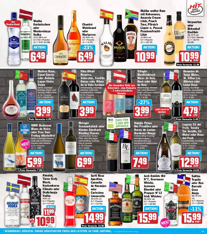 Aktueller Prospekt Hit - Wochenprospekt - von 23.06 bis 28.06.2025 - strona 13 - produkty: alkohol, amarula, asti, bio, canon, casal garcia, chantré, doppio passo, eier, eierlikör, eis, elle, erde, finesse, flasche, frucht, früchte, früchten, Gorbatschow, irish whiskey, jack daniel, jack daniels, jameson, Kloster Eberbach, kokos, kokosnuss, lack, likör, limo, Malibu, mariacron, mateus, moskovskaya, nuss, passionsfrucht, passo, pfirsich, primitivo, reis, rel, Ria, riesling, rouge, rum, Schmuck, sim, tequila, Three Sixty, Ti, verpoorten, vinho verde, vodka, wein, weinbrand, whiskey, whisky, wodka, Yo, ZTE