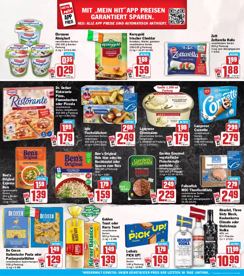 Aktueller Prospekt Hit - Wochenprospekt - von 23.06 bis 28.06.2025 - strona 18 - produkty: almighur, almighurt, auto, Becher, beutel, cheddar, cola, cornetto, cremissimo, De Cecco, Dr. Oetker, ecco, ehrmann, ehrmann almighurt, eis, filet, filets, fisch, fischstäbchen, flammkuchen, flasche, fleisch, followfish, garden gourmet, gin, golden toast, iglo, italienische pasta, kerrygold, kochbeutel, kuchen, lack, lamm, langnese, langnese cremissimo, leibniz, pasta, Pick Up!, pizza, reis, rel, ristorante, ristorante pizza, sauce, saucen, sim, Spezi, Three Sixty, thunfisch, Ti, tisch, toast, vanille, Vegeta, vodka, würfel, zott, zottarella, ZTE