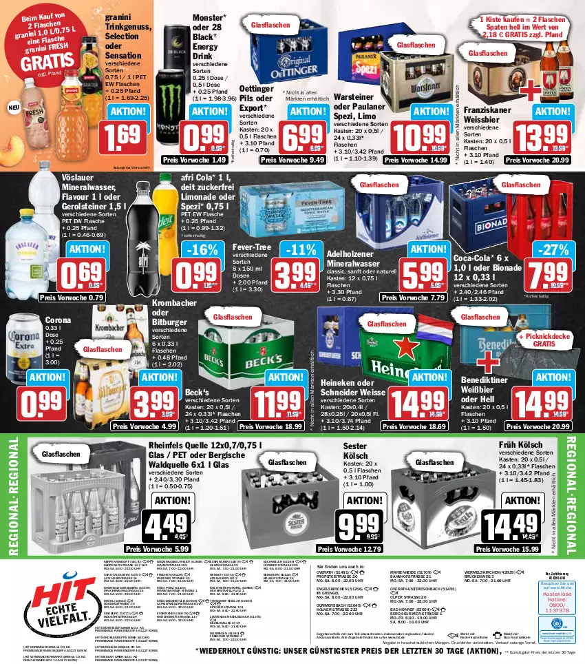 Aktueller Prospekt Hit - Wochenprospekt - von 23.06 bis 28.06.2025 - strona 19 - produkty: adelholzener, Afri Cola, Alwa, angebot, angebote, auer, Bad, Benediktiner, bier, bio, bionade, bitburger, braun, burger, coca-cola, cola, corona, decke, deit, drink, eimer, eis, elle, energy drink, Engel, fever-tree, fisch, flasche, franziskaner, Früh Kölsch, gerolsteine, gerolsteiner, glasflasche, granini, heineken, Holz, krombache, krombacher, lack, limo, limonade, Lübecker, mineralwasser, monster, natur, nuss, oettinger, Paula, paulaner, picknickdecke, pils, Rauch, reis, rel, rheinfels quelle, Spaten, Spezi, steiner, Ti, uhr, vöslauer, Waldquelle, warsteiner, wasser, weissbier, ZTE, zucker