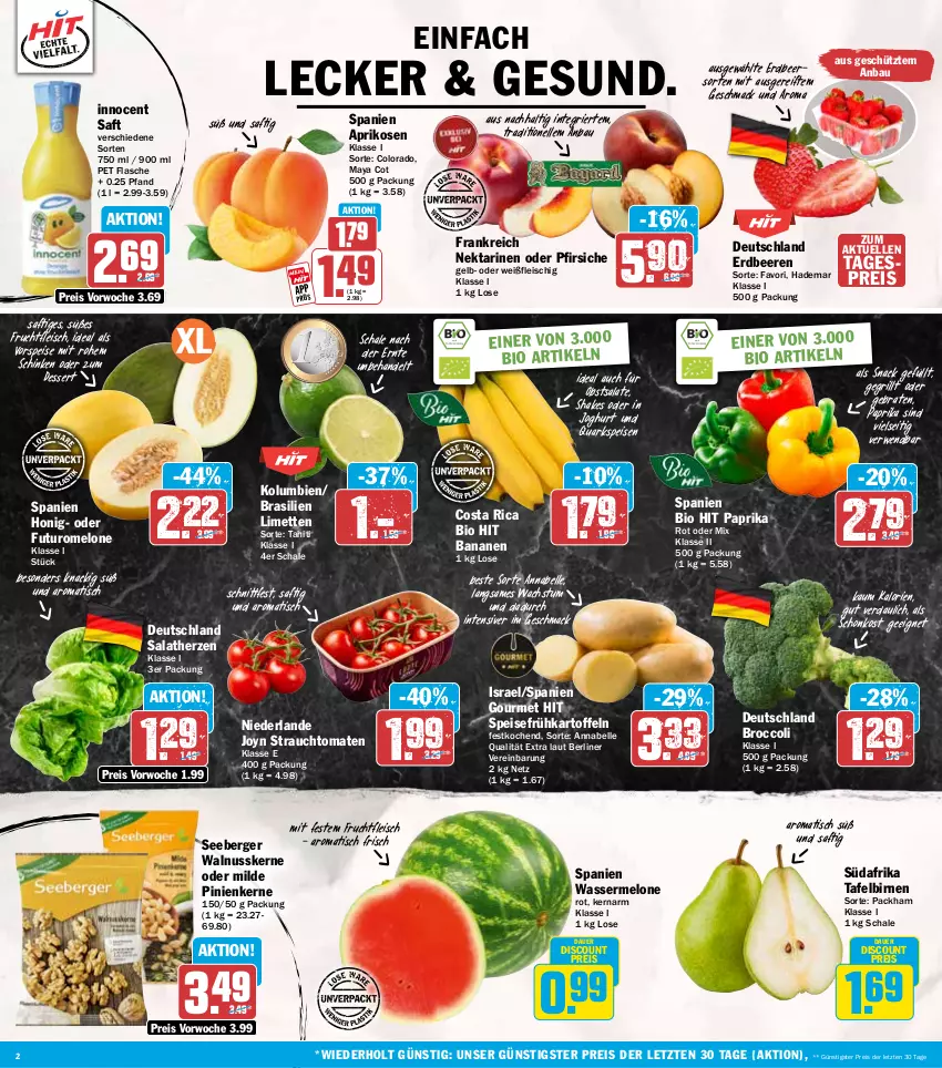 Aktueller Prospekt Hit - Wochenprospekt - von 23.06 bis 28.06.2025 - strona 2 - produkty: aprikose, aprikosen, auer, banane, bananen, Bau, beere, beeren, Berger, berliner, bio, bio hit, Birnen, braten, broccoli, dessert, discount, eis, elle, erdbeere, erdbeeren, flasche, fleisch, frucht, fruchtfleisch, Frühkartoffeln, grill, honig, Innocent, joghur, joghurt, kartoffel, kartoffeln, limette, limetten, mac, melone, Mett, metten, Nektar, nektarinen, nektarinen oder, nuss, obst, oder pfirsiche, paprika, pfirsich, pfirsiche, pinienkerne, quark, Rauch, reis, rwe, saft, salat, salate, salatherzen, Schal, Schale, schinken, seeberger, shake, snack, speisefrühkartoffeln, strauchtomaten, tafelbirnen, Ti, tisch, tomate, tomaten, vorspeise, walnuss, walnusskerne, wasser, wassermelone, ZTE