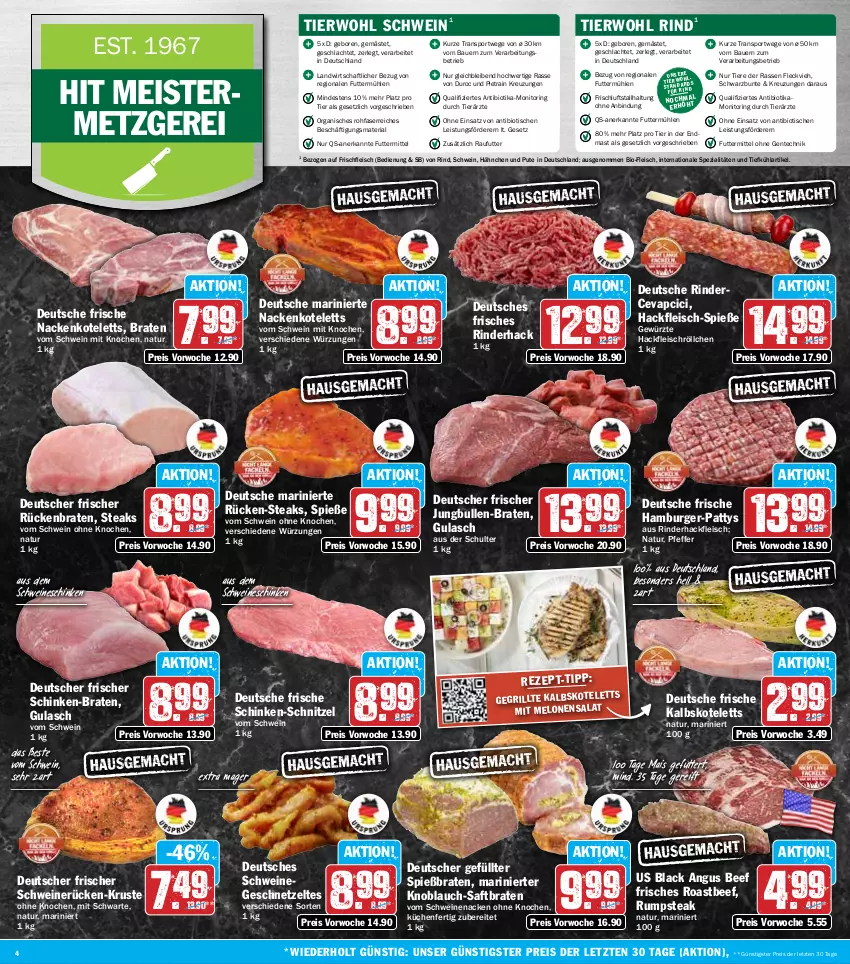 Aktueller Prospekt Hit - Wochenprospekt - von 23.06 bis 28.06.2025 - strona 4 - produkty: auer, Bau, Bauer, beef, bio, braten, burger, cevapcici, eis, ente, fleisch, Geflügel, geschnetzeltes, gewürz, grill, gulasch, hackfleisch, hamburger, jungbullen, kalbskotelett, knoblauch, kotelett, küche, Küchen, lack, mais, Meister, melone, melonen, monitor, nackenkoteletts, natur, pfeffer, pute, reis, Ria, rind, rinder, rinderhackfleisch, ring, roastbeef, Rückenbraten, rum, rumpsteak, saft, schinken, schnitzel, schwein, schweine, schweinenacken, schweinerücken, Spezi, Sport, steak, steaks, Ti, Tiere, tisch, vom schweinenacken, wein, weine, Zelt, ZTE