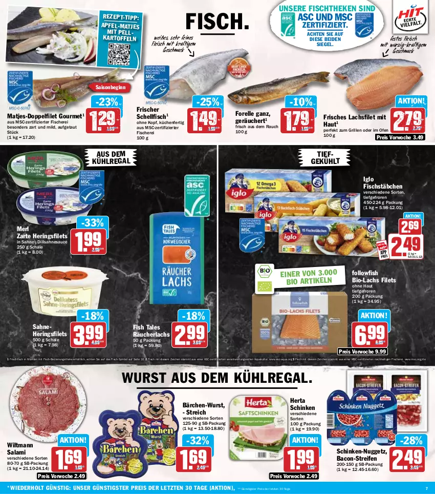 Aktueller Prospekt Hit - Wochenprospekt - von 23.06 bis 28.06.2025 - strona 7 - produkty: apfel, aqua, aus dem kühlregal, bacon, bio, eis, elle, filet, filets, fisch, fische, Fischer, fischstäbchen, fischtheke, fleisch, followfish, forelle, frischfisch, gin, grill, hering, Herings, heringsfilets, herta, iglo, kartoffel, kartoffeln, küche, Küchen, kühlregal, lachs, lachsfilet, mac, matjes, merl, Ofen, Rauch, Räucherlachs, regal, reifen, reis, rel, ring, sahne, salami, sauce, Schal, Schale, Schere, schinken, Ti, wiltmann, wurst, ZTE