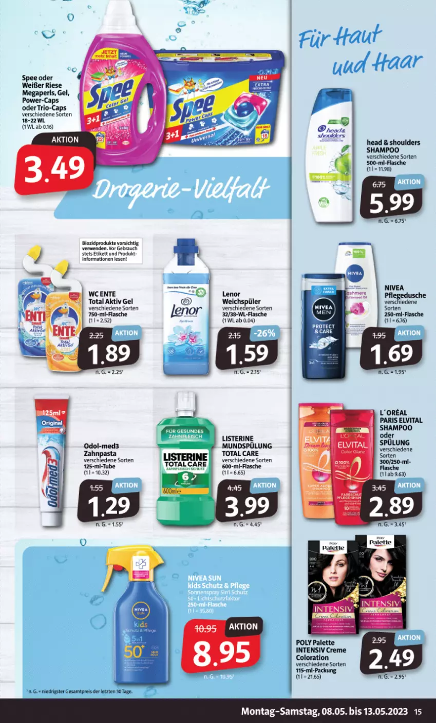 Aktueller Prospekt Markant - Prospekte - von 08.05 bis 13.05.2023 - strona 15 - produkty: aktiv gel, bio, biozidprodukte, Cap, creme, dusche, eis, elvital, ente, flasche, lenor, listerine, megaperls, mundspülung, nivea, Odol, Palette, pflegedusche, Rauch, reis, rwe, shampoo, spee, spülung, Ti, total care, vita, weichspüler, ZTE