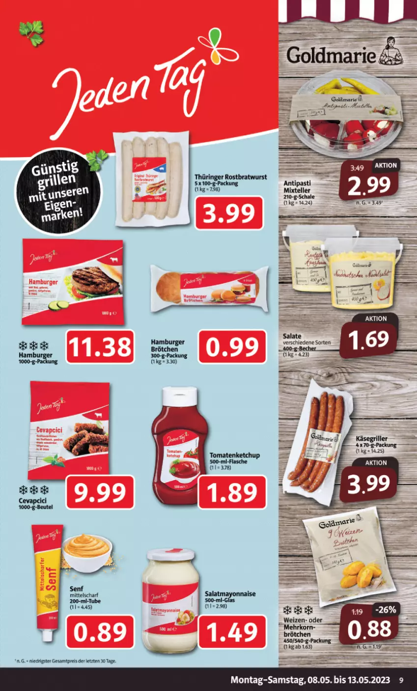 Aktueller Prospekt Markant - Prospekte - von 08.05 bis 13.05.2023 - strona 9 - produkty: antipasti, asti, bratwurst, brötchen, eis, elle, goldmarie, grill, Käse, korn, reis, ring, rostbratwurst, Schal, Schale, teller, thüringer rostbratwurst, Ti, wurst, ZTE