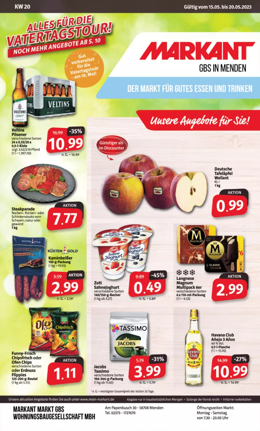 Aktueller Prospekt Markant - Prospekte - von 15.05 bis 20.05.2023 - strona 1 - produkty: Bau, eis, erdnuss, flasche, flippies, gewürz, Havana Club, jacobs, joghur, joghurt, langnese, natur, nuss, reis, sahne, Sahnejoghurt, schinken, Schinkensteak, schwein, sim, steak, steaks, tassimo, Ti, uhr, wein, zott, ZTE