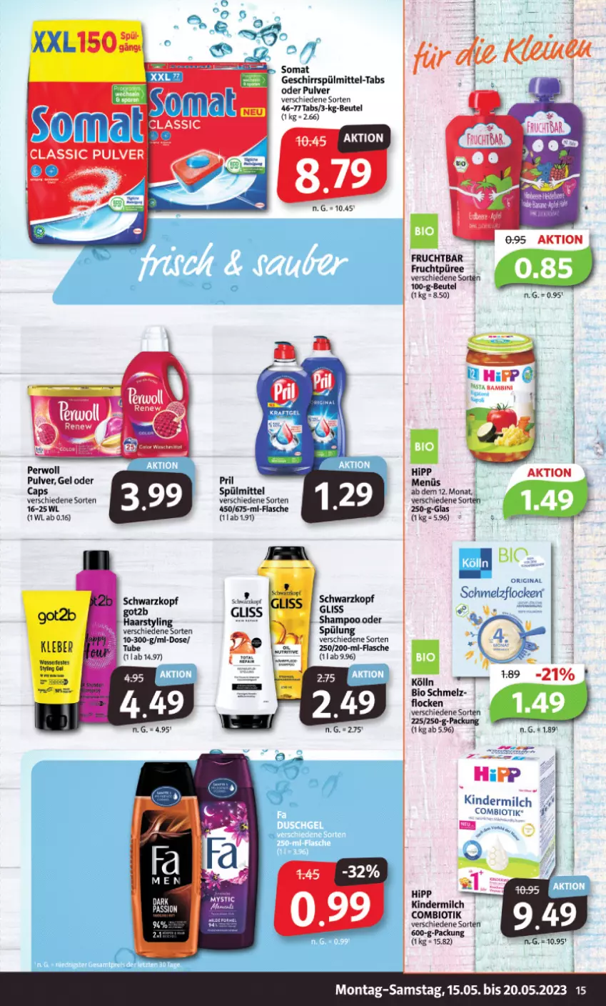 Aktueller Prospekt Markant - Prospekte - von 15.05 bis 20.05.2023 - strona 15 - produkty: beutel, bio, flasche, frucht, geschirr, geschirrspülmittel, gin, gliss, got2b, hipp, Kinder, kindermilch, kleber, kölln, milch, perwoll, pril, püree, schwarzkop, schwarzkopf, shampoo, somat, spülmittel, Ti