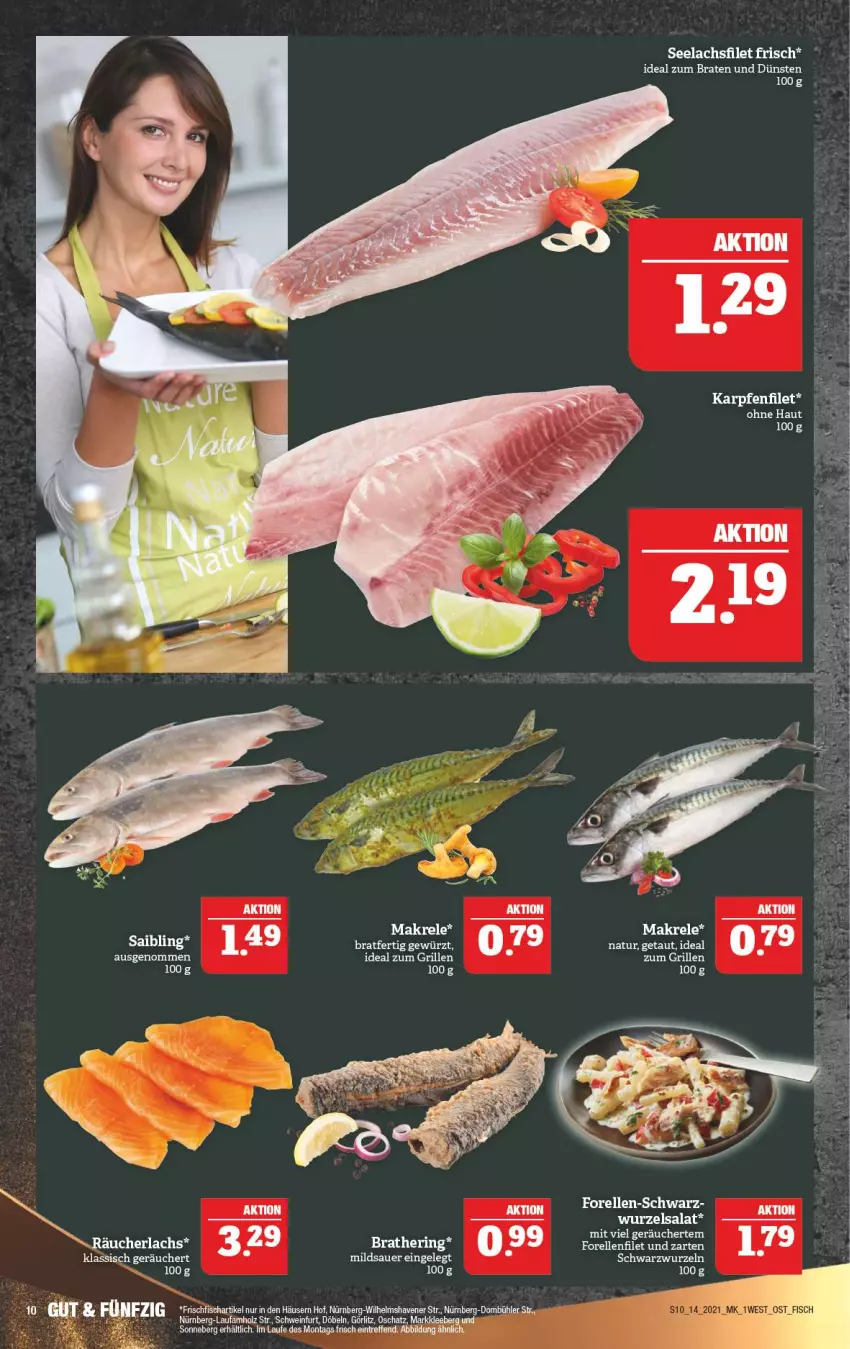 Aktueller Prospekt Marktkauf - Prospekt - von 05.04 bis 10.04.2021 - strona 14 - produkty: auer, braten, eier, elle, filet, forelle, grill, hering, Holz, ideal zum braten, ideal zum grillen, lachs, lachsfilet, Makrele, natur, Räucherlachs, rel, ring, Saibling, salat, schwein, seelachsfilet, tee, Ti, wein