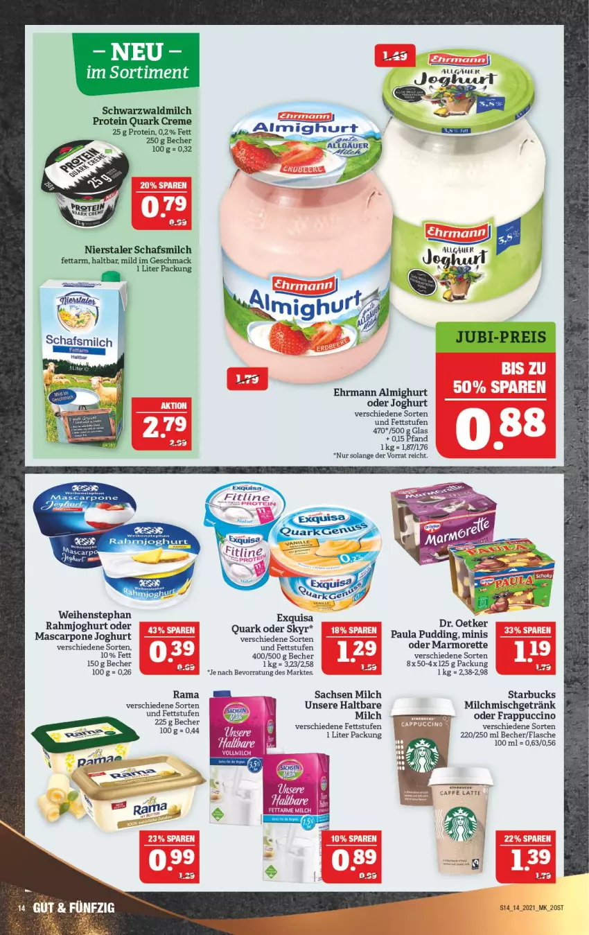 Aktueller Prospekt Marktkauf - Prospekt - von 05.04 bis 10.04.2021 - strona 18 - produkty: almighur, almighurt, Becher, caffe, cin, creme, ehrmann, ehrmann almighurt, flasche, getränk, haltbare milch, joghur, joghurt, latte, LG, mac, marmorette, mascarpone, milch, Paula, paula pudding, pudding, quark, rahmjoghurt, rama, Rana, sac, Skyr, starbucks, Ti, weihenstephan