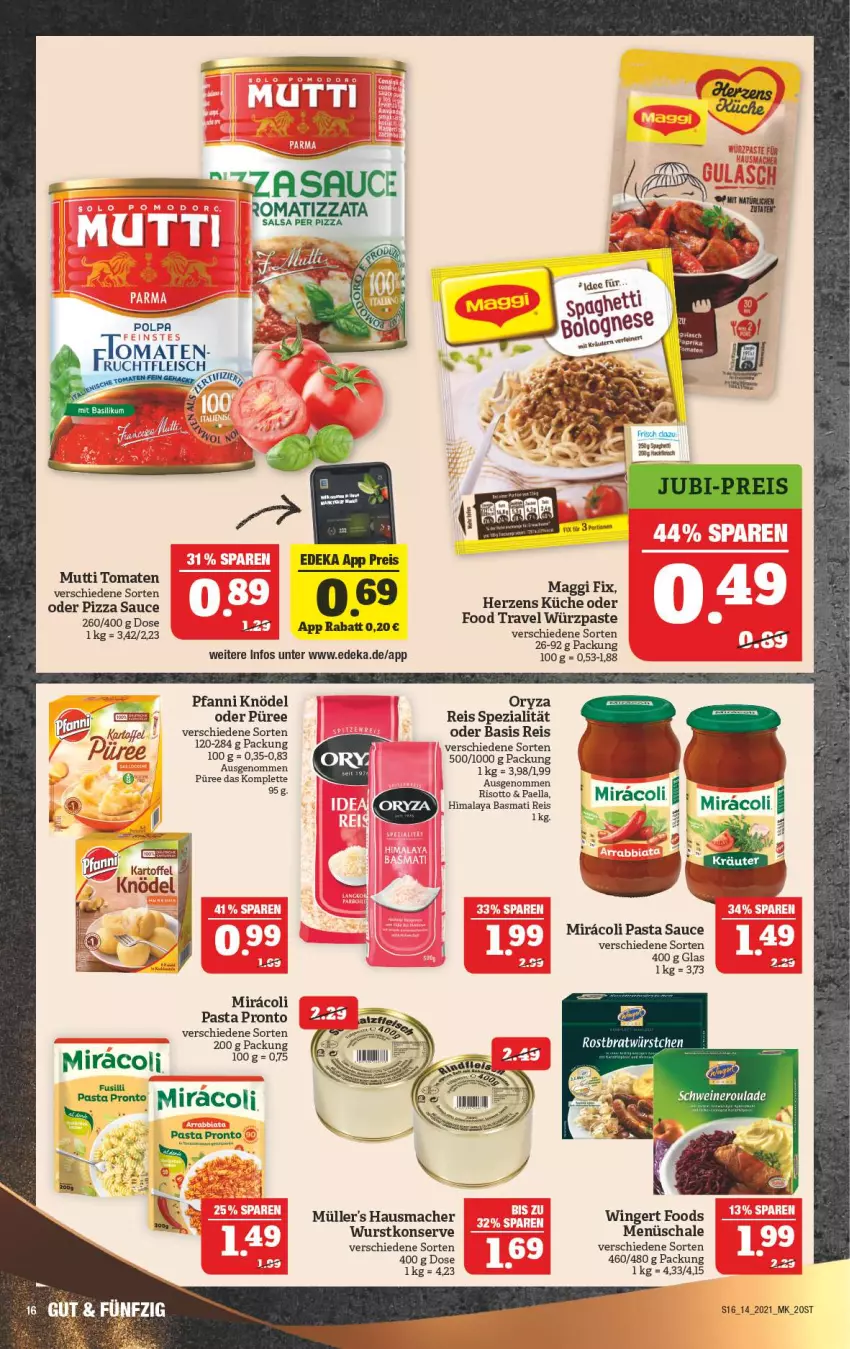 Aktueller Prospekt Marktkauf - Prospekt - von 05.04 bis 10.04.2021 - strona 20 - produkty: basmati, Basmati Reis, deka, eis, Hausmacher, kartoffel, Knödel, küche, mac, miracoli, Müller, Mutti, oryza, paella, pasta, Pasta Sauce, pfanni, pizza, Pronto, püree, reis, risotto, sauce, Schal, Schale, Spezi, Ti, tomate, tomaten, wurst