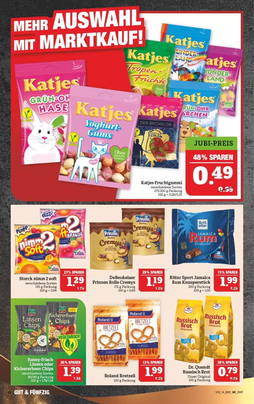 Aktueller Prospekt Marktkauf - Prospekt - von 05.04 bis 10.04.2021 - strona 22 - produkty: brot, cremys, debeukelaer, frucht, fruchtgummi, funny-frisch, gin, katjes, linsen, Nimm 2, prinzen rolle, ritter, ritter sport, rum, russisch brot, Sport, storck, Zelt