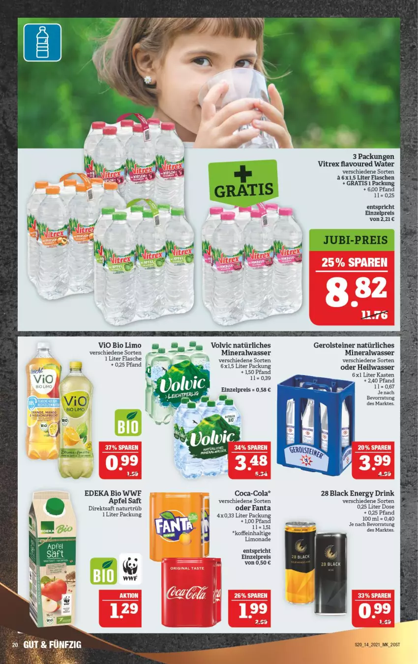 Aktueller Prospekt Marktkauf - Prospekt - von 05.04 bis 10.04.2021 - strona 24 - produkty: Alwa, apfel, bio, bio limo, coca-cola, cola, deka, direktsaft, drink, edeka bio, eis, energy drink, fanta, flasche, gerolsteine, gerolsteiner, lack, limo, limonade, mineralwasser, natur, natürliches mineralwasser, reis, saft, steiner, Ti, vio bio limo, vitrex, volvic, volvic natürliches, wasser