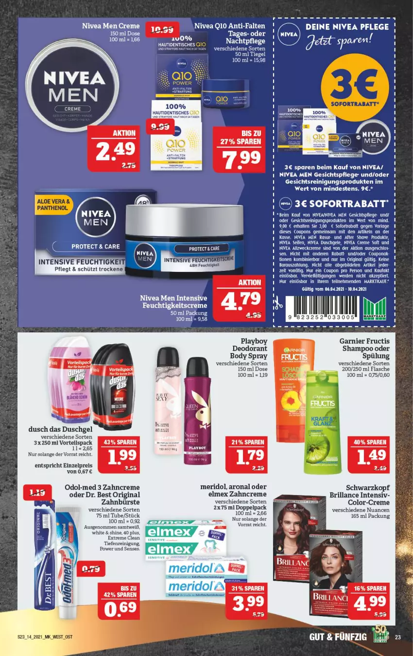 Aktueller Prospekt Marktkauf - Prospekt - von 05.04 bis 10.04.2021 - strona 27 - produkty: ACC, after shave, body, brillance, bürste, coupon, coupons, creme, deo, deodorant, Dr. Best, duschgel, eis, elmex, erde, feuchtigkeitscreme, flasche, fructis, garnier, gesichtspflege, gin, mars, meridol, nivea, Nivea Men, Nuance, Odol, Odol-med 3, Playboy, Q10, Reinigung, reis, Ria, schwarzkop, schwarzkopf, shampoo, shampoo oder spülung, sofortrabatt, spülung, Ti, tisch, weck, zahnbürste, zahncreme