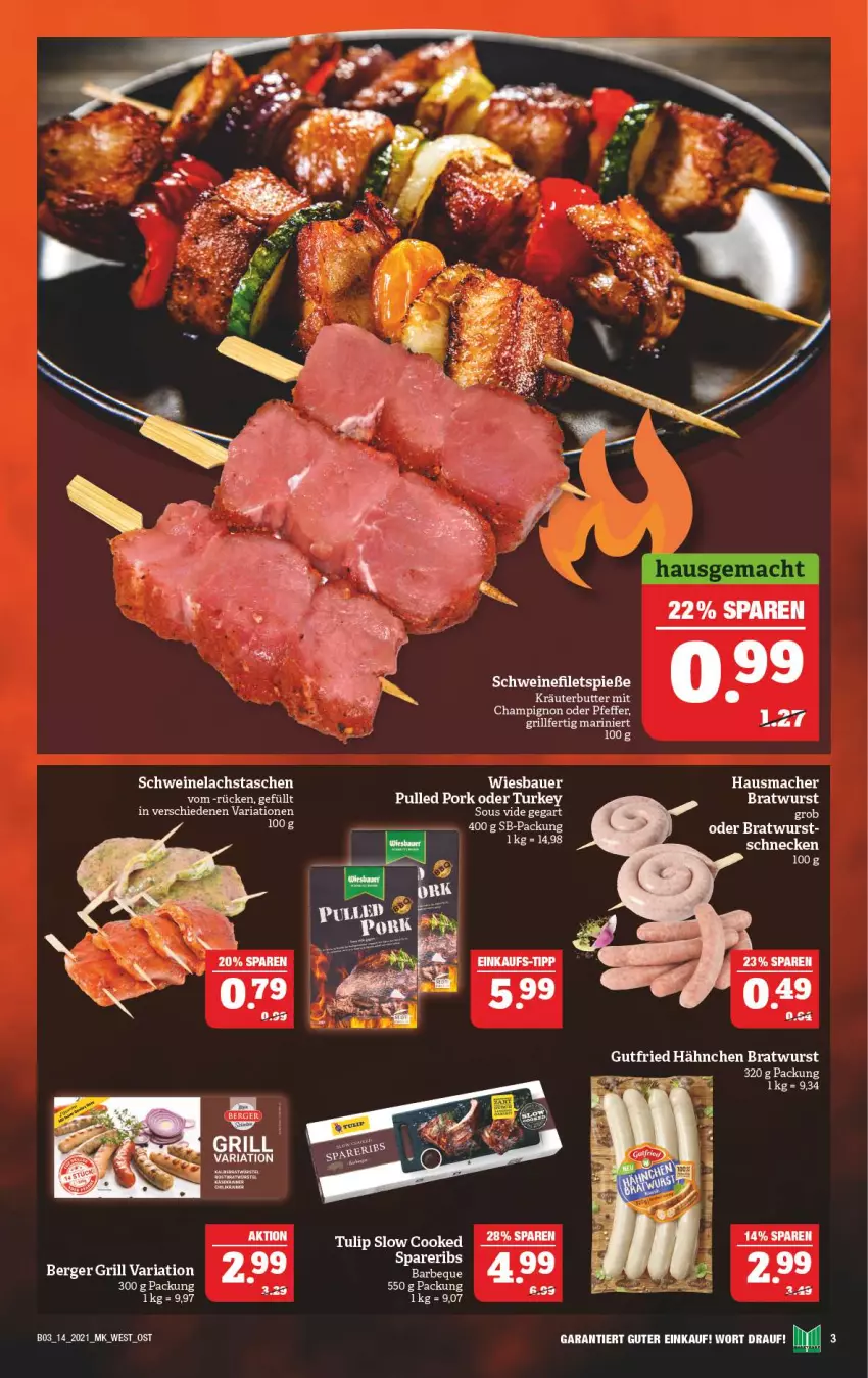 Aktueller Prospekt Marktkauf - Prospekt - von 05.04 bis 10.04.2021 - strona 43 - produkty: auer, Bau, Bauer, Berger, bratwurst, butter, champignon, elle, filet, filets, grill, gutfried, Hausmacher, kräuter, kräuterbutter, lachs, mac, pfeffer, Pulled Pork, Ria, schwein, schweine, schweinefilet, Schweinelachs, spareribs, Tasche, taschen, Ti, tulip, wein, weine, wiesbauer, wurst