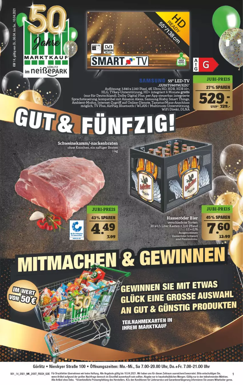 Aktueller Prospekt Marktkauf - Prospekt - von 05.04 bis 10.04.2021 - strona 5 - produkty: alexa, amazon alexa, angebot, angebote, bier, braten, eis, elle, fisch, hasseröder, LG, lieferservice, Maus, reis, saft, Samsung, schwein, schweine, Tastatur, teller, Ti, uhr, wein, weine