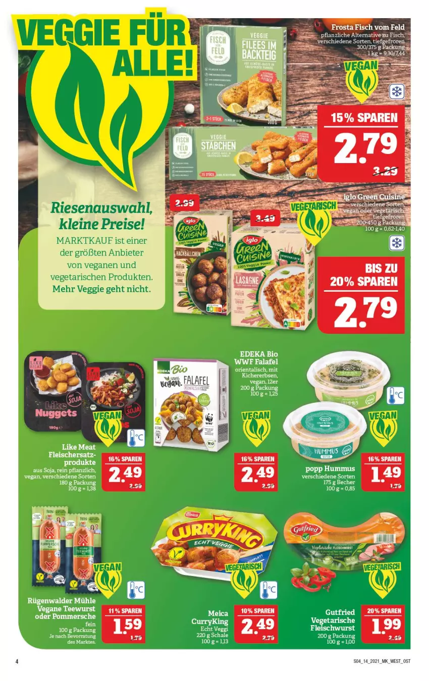 Aktueller Prospekt Marktkauf - Prospekt - von 05.04 bis 10.04.2021 - strona 8 - produkty: Becher, bio, boss, deka, edeka bio, eis, Falafel, fisch, fleisch, fleischwurst, frosta, gutfried, leine, meica, reis, rügenwalder, rügenwalder mühle, Schal, Schale, soja, tee, teewurst, Ti, Vegeta, veggie, wurst