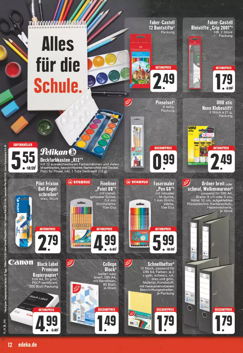 Aktueller Prospekt Edeka - Angebote der Woche - von 31.07 bis 05.08.2023 - strona 12 - produkty: aktionspreis, ball, Bleistift, bleistifte, Brei, canon, decke, Deckel, deckfarbkasten, deka, din a4, discount, eis, faber castell, fasermaler, Fineliner, Hefte, kopierpapier, Kugel, papier, pelikan, Pinsel, Pinselset, reifen, reis, Ria, Schnellhefter, stifte, Ti, uhu