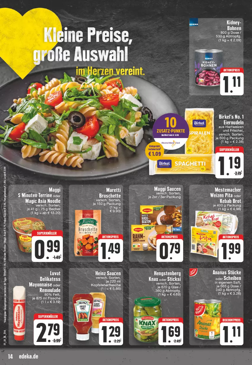 Aktueller Prospekt Edeka - Angebote der Woche - von 31.07 bis 05.08.2023 - strona 14 - produkty: aktionspreis, ananas, auer, birkel, braten, brot, Bruschette, discount, eier, eiernudeln, eis, flasche, hartweizen, hengstenberg, kidney, mac, maggi, mayonnaise, mestemacher, nudel, nudeln, reis, remoulade, saft, sauce, saucen, spaghetti, tee, Ti, Yo