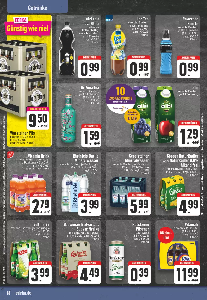 Aktueller Prospekt Edeka - Angebote der Woche - von 31.07 bis 05.08.2023 - strona 18 - produkty: Afri Cola, aktionspreis, alkohol, Alwa, budweiser, cola, drink, eis, elle, flasche, gerolsteine, gerolsteiner, getränk, getränke, krone, LG, malz, mineralwasser, natur, pils, radler, rasen, reis, rheinfels quelle, Sport, steiner, Ti, veltins, vita, vitamalz, Vitamin D, warsteiner, wasser