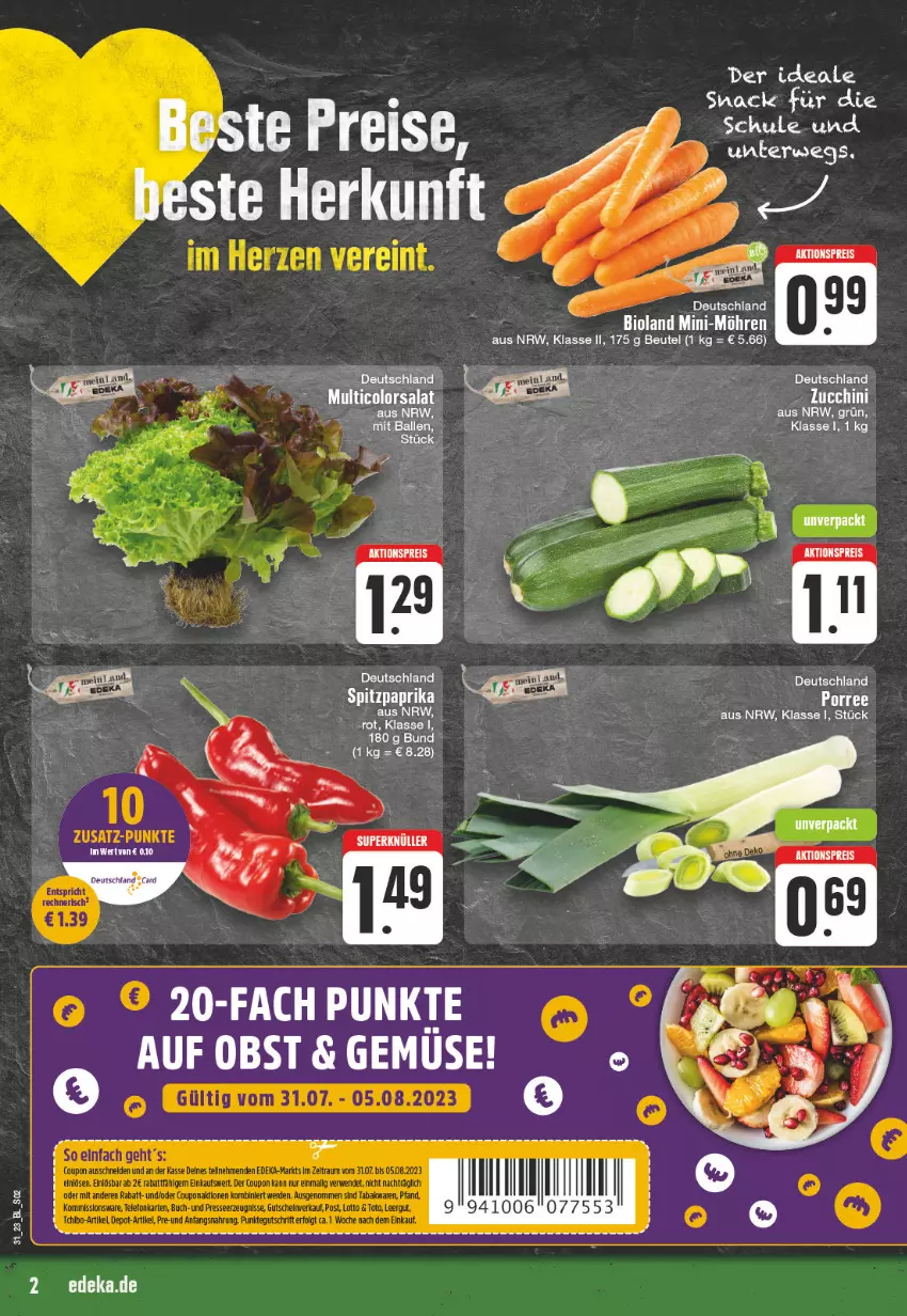 Aktueller Prospekt Edeka - Angebote der Woche - von 31.07 bis 05.08.2023 - strona 2 - produkty: aktionspreis, ball, beutel, bio, eis, paprika, reis, rwe, salat, snack, Spitzpaprika, Ti, zucchini