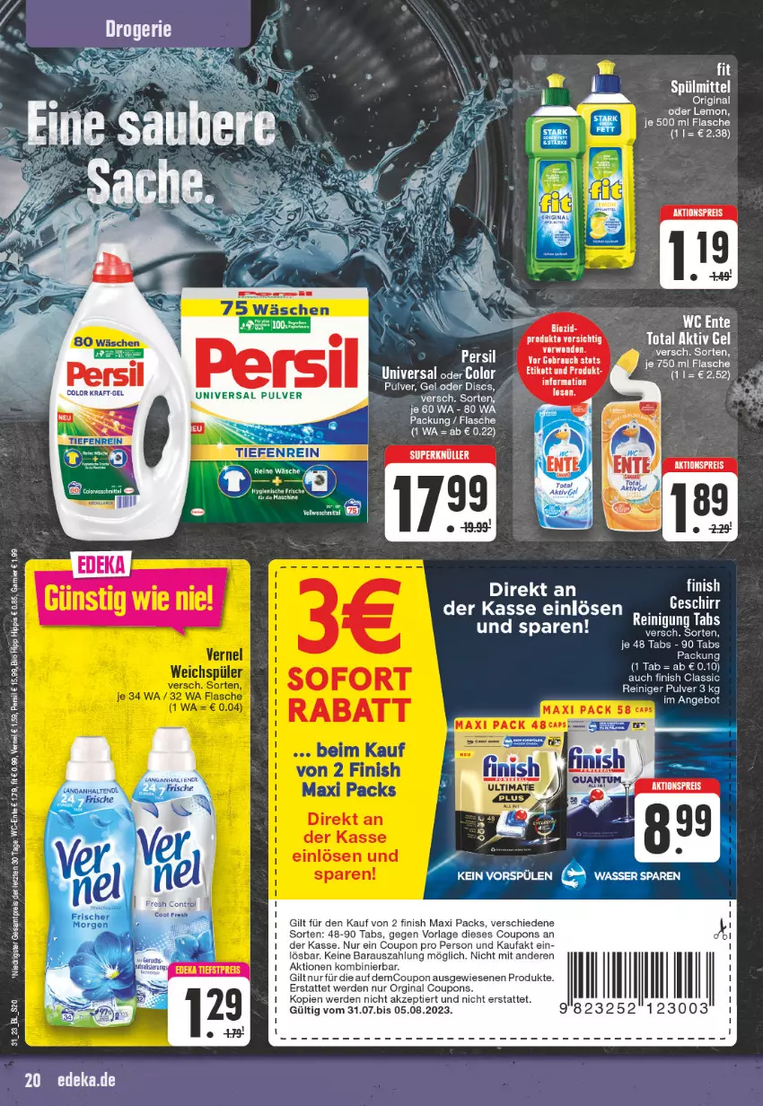 Aktueller Prospekt Edeka - Angebote der Woche - von 31.07 bis 05.08.2023 - strona 20 - produkty: aktionspreis, angebot, bett, Betten, bio, coupon, coupons, eis, ente, erde, Finish, flasche, gin, Intel, persil, Rauch, reiniger, reis, rwe, spülmittel, Ti, Tiere, vernel, ZTE