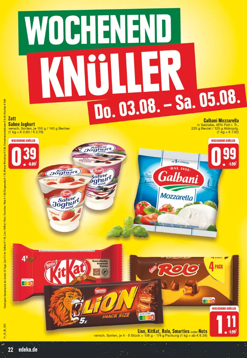 Aktueller Prospekt Edeka - Angebote der Woche - von 31.07 bis 05.08.2023 - strona 22 - produkty: Becher, beutel, braten, burger, eis, galbani, joghur, joghurt, kirsch, kirsche, kirschen, kitkat, lion, mozzarella, reis, rel, sahne, sahne joghurt, salz, schwein, schweine, schweinenacken, smarties, Ti, wein, weine, wiener, wiener würstchen, würstchen, zott, ZTE