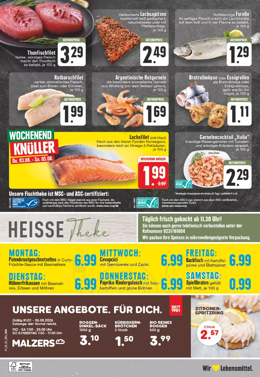 Aktueller Prospekt Edeka - Angebote der Woche - von 31.07 bis 05.08.2023 - strona 24 - produkty: angebot, angebote, aqua, bio, braten, brötchen, cocktail, eier, eis, elle, essig, filet, fisch, fische, Fischer, fischtheke, fleisch, forelle, garnelen, grill, Kürbis, lachs, lebensmittel, lenco, mac, malz, natur, pfeffer, rel, riesengarnelen, Rotbarsch, rotbarschfilet, Schere, thunfisch, Ti, tisch, tomate, tomaten, uhr, Wild