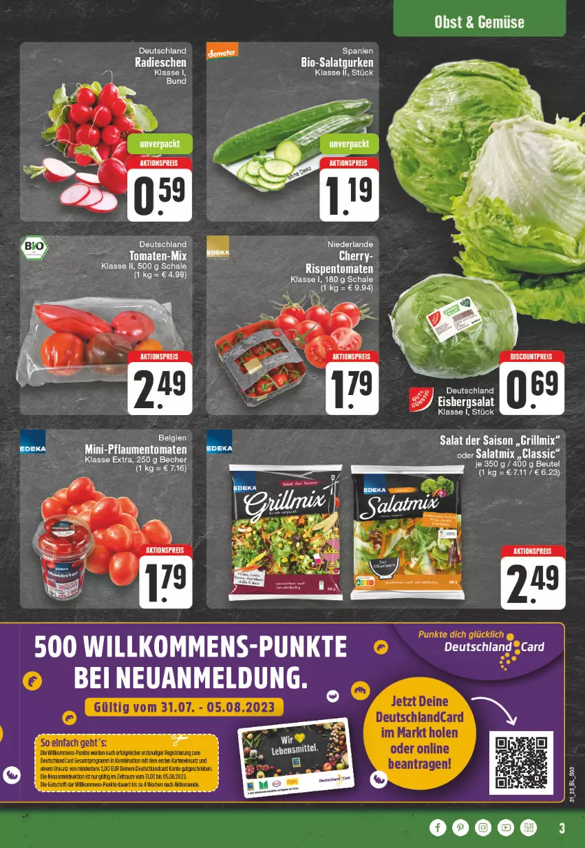 Aktueller Prospekt Edeka - Angebote der Woche - von 31.07 bis 05.08.2023 - strona 3 - produkty: aktionspreis, Becher, bio, eier, eis, eisbergsalat, gurke, gurken, nexa, obst, pflaume, pflaumen, radieschen, reis, rispentomaten, salat, Salatgurke, salatgurken, Schal, Schale, Ti, tomate, tomaten