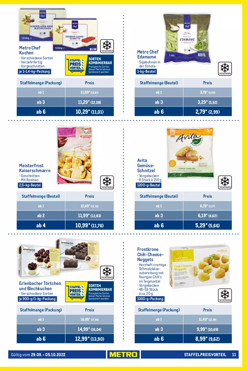 Aktueller Prospekt Metro - Food - von 29.09 bis 05.10.2022 - strona 11 - produkty: auer, beutel, bohne, bohnen, chili, eis, geback, Gemüseschnitzel, Kaiser, Kaiserschmarrn, Käse, krone, kuchen, lachgummi, mam, Mantel, Marabou, Meister, Metro, milka, Nimm 2, nuggets, preisvorteil, reis, Schmelzkäse, schmelzkäsezubereitung, schnitten, schnitzel, schoko, schokolade, soja, storck, tafelschokolade, Ti, Törtchen, vita