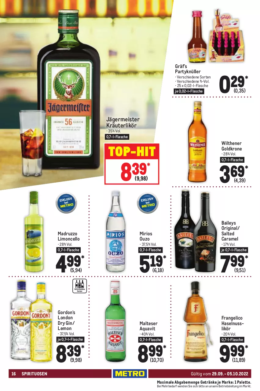 Aktueller Prospekt Metro - Food - von 29.09 bis 05.10.2022 - strona 16 - produkty: aqua, aquavit, baileys, caramel, dry gin, eis, flasche, frangelico, Germ, getränk, getränke, gin, goldkrone, gordon, haselnuss, jägermeister, kräuter, kräuterlikör, krone, likör, limo, london dry, london dry gin, malteser, Meister, nuss, ouzo, Palette, spirituosen, Ti, top-hit, wilthener, Wilthener Goldkrone