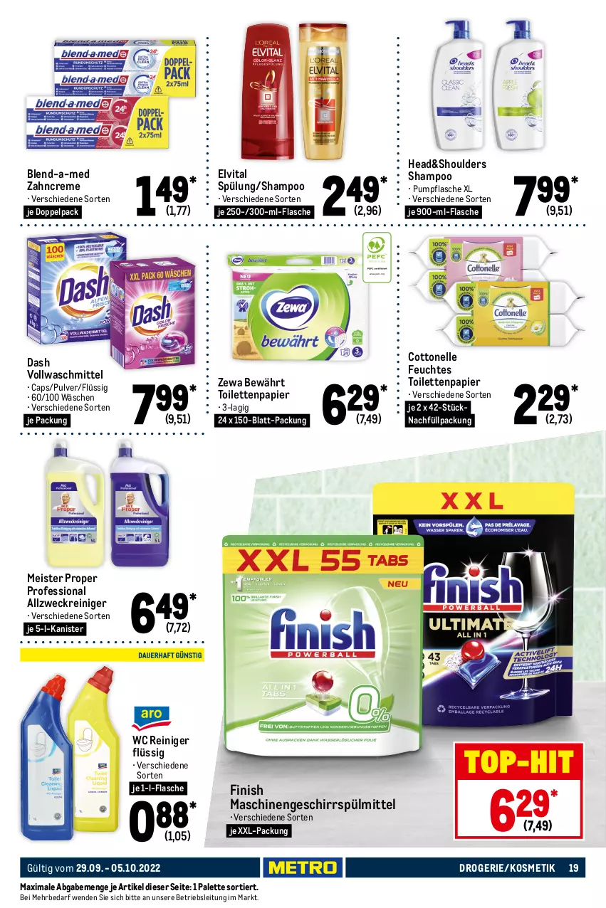 Aktueller Prospekt Metro - Food - von 29.09 bis 05.10.2022 - strona 19 - produkty: allzweckreiniger, blend-a-med, Cap, cottonelle, creme, eier, eis, elle, elvital, feuchtes toilettenpapier, Finish, flasche, geschirr, geschirrspülmittel, kosmetik, mac, Meister, meister proper, Metro, Palette, papier, reiniger, ring, shampoo, spülmittel, spülung, Ti, toilettenpapier, vita, vollwaschmittel, waschmittel, weck, xxl-packung, zahncreme, zewa