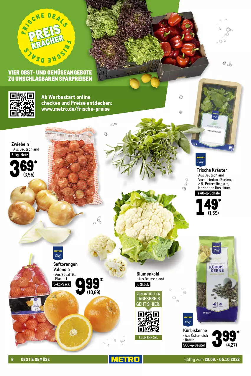 Aktueller Prospekt Metro - Food - von 29.09 bis 05.10.2022 - strona 6 - produkty: angebot, angebote, aust, Austern, basilikum, beutel, bio, blume, blumen, blumenkohl, braun, butter, champignon, champignons, champignons braun, decke, eis, elle, korb, Koriander, kräuter, Kräuterseitlinge, küche, Küchen, Kürbis, kürbiskerne, Metro, natur, nuss, obst, orange, orangen, petersilie, Pfifferlinge, pilze, reis, Ria, sac, saft, Saftorangen, Schal, Schale, schnitten, Steinpilze, Ti, und gemüse, würfel, zwiebel, zwiebeln