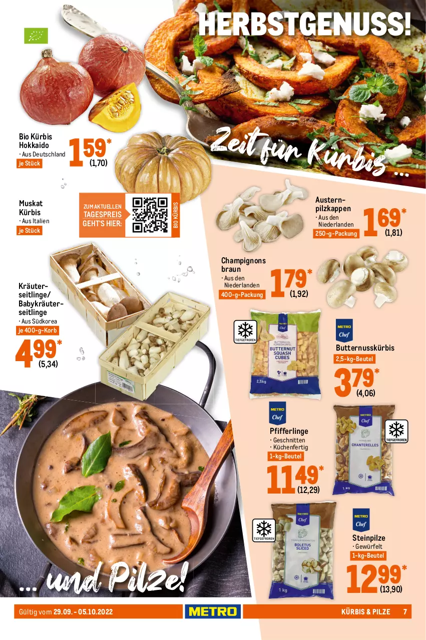 Aktueller Prospekt Metro - Food - von 29.09 bis 05.10.2022 - strona 7 - produkty: angebot, angebote, aust, Austern, basilikum, beutel, bio, blume, blumen, blumenkohl, braun, butter, champignon, champignons, champignons braun, decke, eis, elle, korb, Koriander, kräuter, Kräuterseitlinge, küche, Küchen, Kürbis, kürbiskerne, Metro, natur, nuss, obst, orange, orangen, petersilie, Pfifferlinge, pilze, reis, Ria, sac, saft, Saftorangen, Schal, Schale, schnitten, Steinpilze, Ti, und gemüse, würfel, zwiebel, zwiebeln