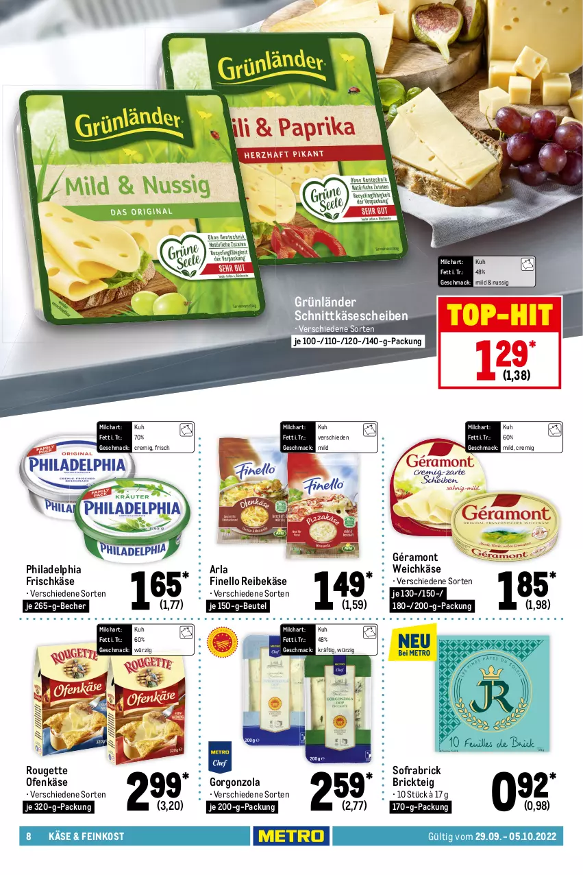 Aktueller Prospekt Metro - Food - von 29.09 bis 05.10.2022 - strona 8 - produkty: actimel, arla, auer, Bau, Bauer, Becher, beste butter, beutel, bio, butter, danone, feinkost, finello, flasche, frau antje, frischkäse, frucht, fruchtjoghurt, géramont, gorgonzola, grünländer, grütze, joghur, joghurt, Käse, käsescheiben, mac, milch, molkereiprodukte, nuss, Ofen, Ofenkäse, philadelphia, Reibekäse, rouge, rougette, sahne, Sahnejoghurt, schnittkäse, schnittkäsescheiben, smoothie, smoothies, Ti, top-hit, true fruits, weichkäse, weidemilch