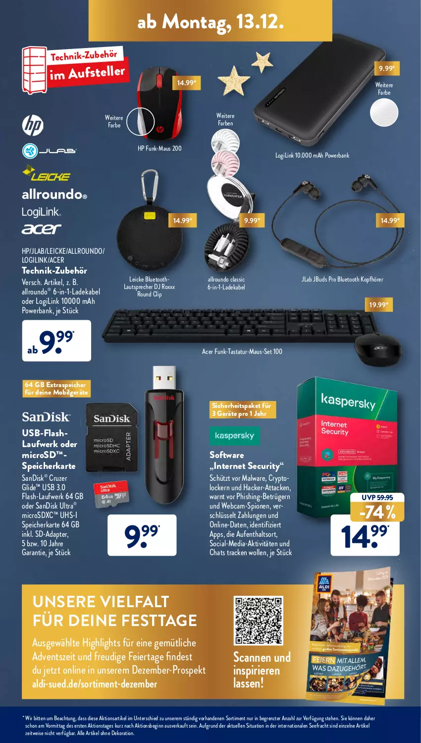 Aktueller Prospekt AldiSud - ALDI Aktuell - von 13.12 bis 18.12.2021 - strona 23 - produkty: acer, adapter, aldi, alle artikel ohne dekoration, Alwa, Bank, deka, dekoration, eier, eis, elle, gin, HP, kopfhörer, ladekabel, lautsprecher, LG, Maus, microsd, microsdxc, powerbank, sandisk, Software, speicherkarte, Tastatur, teller, Ti, uhs-i speicherkarte, usb, wolle, ZTE