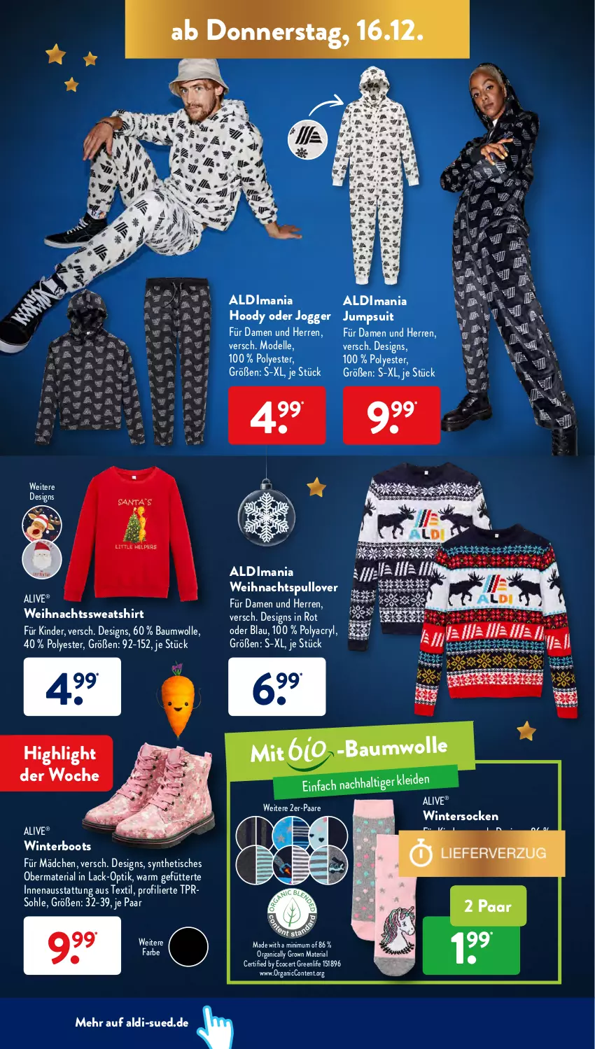 Aktueller Prospekt AldiSud - ALDI Aktuell - von 13.12 bis 18.12.2021 - strona 30 - produkty: aldi, Bau, baumwolle, bio, dell, elle, jumpsuit, Kinder, lack, Mode, Pullover, Ria, shirt, socken, Sweatshirt, Ti, tisch, Wintersocken, wolle