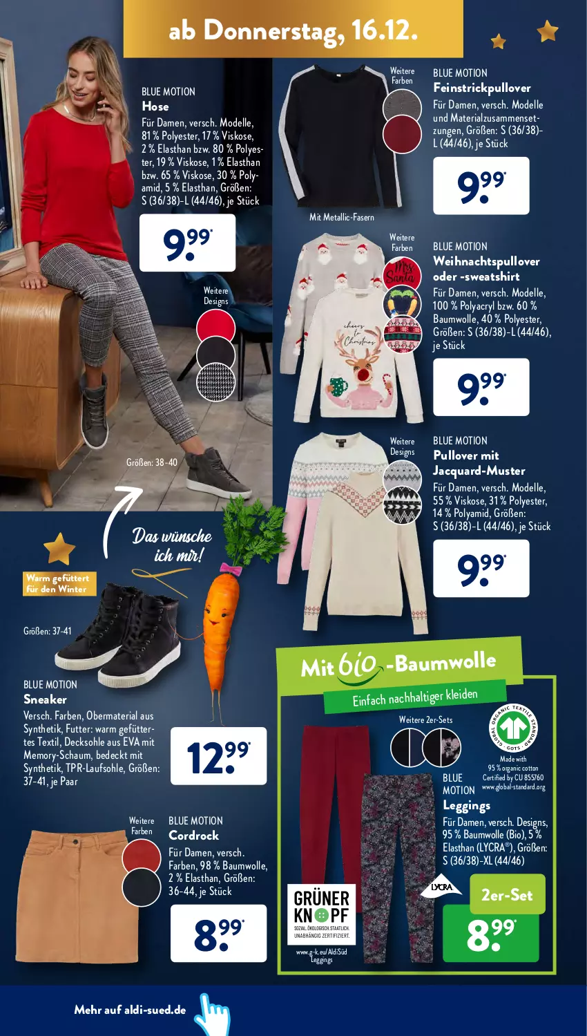 Aktueller Prospekt AldiSud - ALDI Aktuell - von 13.12 bis 18.12.2021 - strona 32 - produkty: aldi, Bau, baumwolle, bio, decksohle, dell, elle, gin, hose, leggings, Mode, Pullover, Ria, shirt, sneaker, Strickpullover, Sweatshirt, Ti, wolle