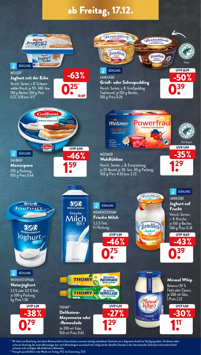 Aktueller Prospekt AldiSud - ALDI Aktuell - von 13.12 bis 18.12.2021 - strona 39 - produkty: alle artikel ohne dekoration, Becher, beutel, dekoration, eis, elle, frische milch, frucht, galbani, gin, Grießpudding, joghur, joghurt, joghurt mit der ecke, kakao, kirsch, kirsche, kräuter, landliebe, landliebe joghurt, mascarpone, mayonnaise, milch, miracel, miracel whip, Müller, natur, naturjoghurt, pudding, reis, remoulade, sahne, tee, thomy, Ti, weihenstephan, Yo, ZTE