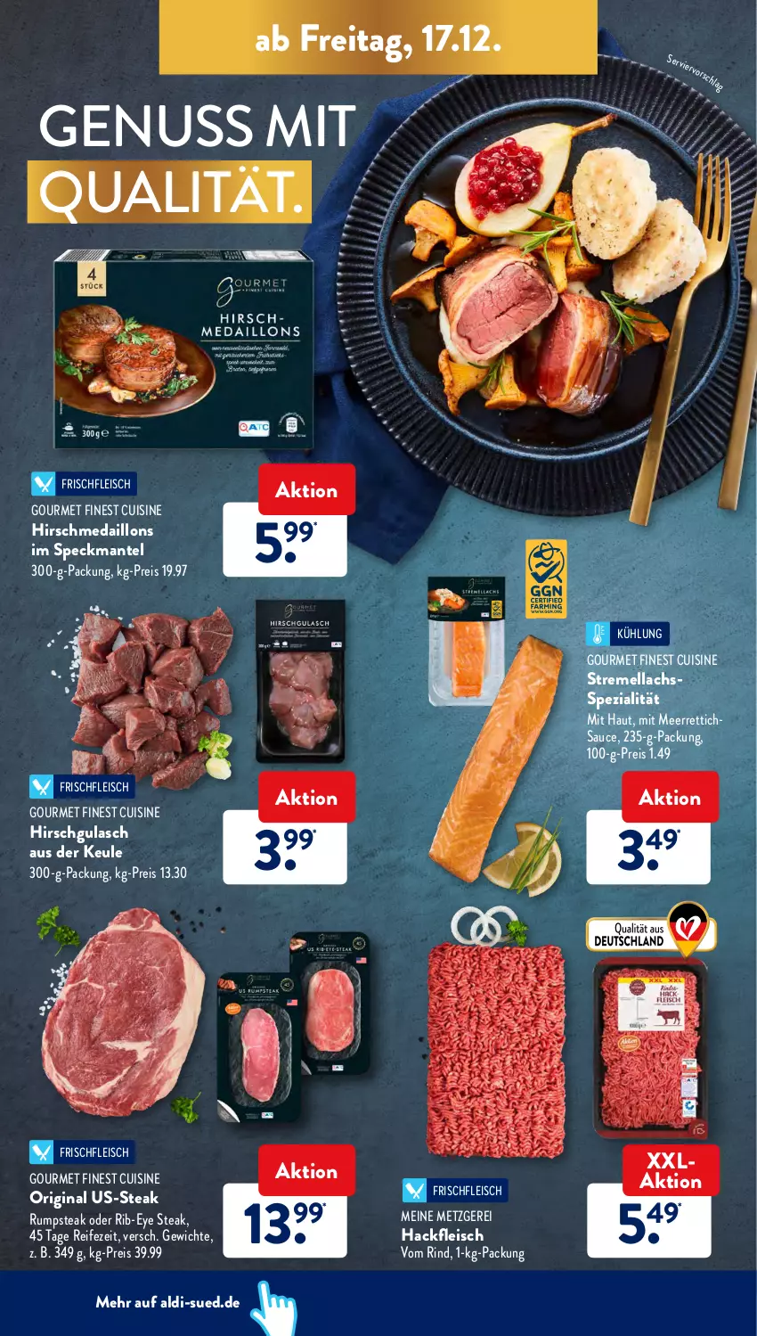 Aktueller Prospekt AldiSud - ALDI Aktuell - von 13.12 bis 18.12.2021 - strona 42 - produkty: aldi, eis, fleisch, gin, gulasch, hackfleisch, lachs, Mantel, medaillons, meerrettich, nuss, reis, Rettich, Rib-eye Steak, rind, rum, rumpsteak, sauce, Speck, Spezi, steak, Ti