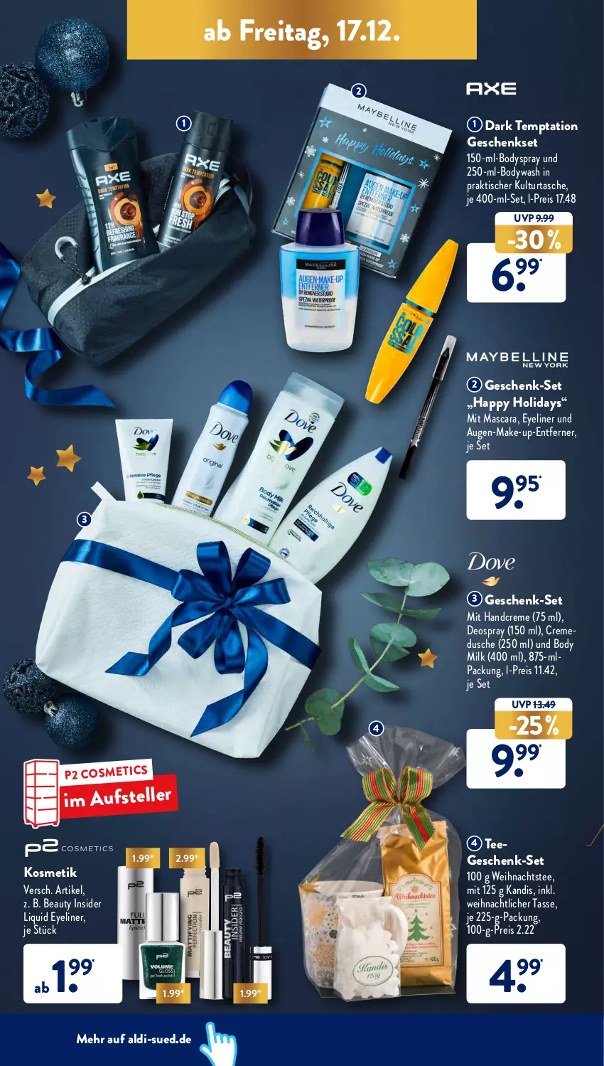 Aktueller Prospekt AldiSud - ALDI Aktuell - von 13.12 bis 18.12.2021 - strona 46 - produkty: aldi, body, body milk, bodyspray, creme, deo, deospray, dusche, eis, elle, Eyeliner, geschenkset, handcreme, kosmetik, Make-up, Mascara, reis, Tasche, tasse, tee, teller, Ti, tisch