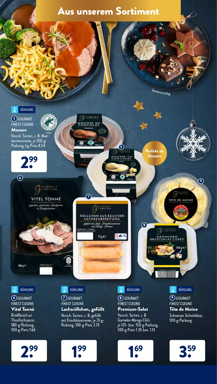 Aktueller Prospekt AldiSud - ALDI Aktuell - von 13.12 bis 18.12.2021 - strona 51 - produkty: chili, creme, dessert, eis, fisch, fleisch, frischkäse, garnelen, Käse, lachs, mango, mousse, reis, rind, rindfleisch, salat, sauce, schnittkäse, schweizer schnittkäse, Tête de Moine, thunfisch, Ti