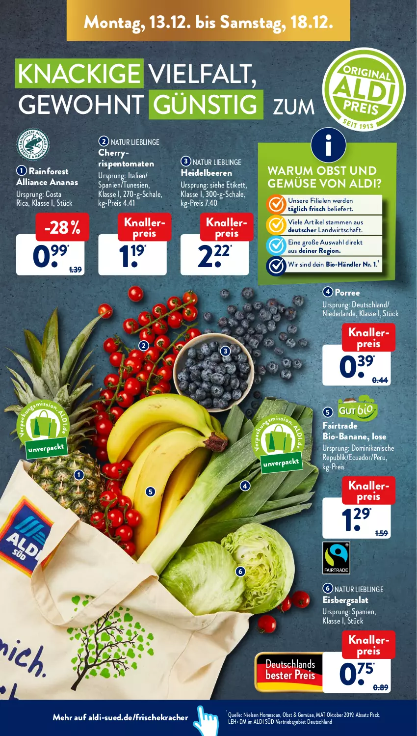 Aktueller Prospekt AldiSud - ALDI Aktuell - von 13.12 bis 18.12.2021 - strona 6 - produkty: aldi, ananas, banane, beere, beeren, bio, eis, eisbergsalat, elle, erde, heidelbeere, heidelbeeren, kracher, natur, obst, Obst und Gemüse, reis, rispentomaten, rum, salat, Schal, Schale, Ti, tomate, tomaten, und gemüse