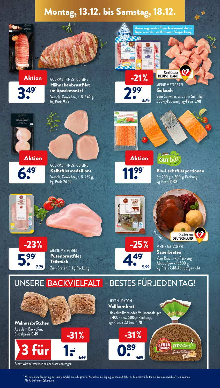 Aktueller Prospekt AldiSud - ALDI Aktuell - von 13.12 bis 18.12.2021 - strona 8 - produkty: alle artikel ohne dekoration, auer, auto, backofen, bio, braten, brot, brötchen, brustfilet, bsf, dekoration, eis, filet, fleisch, gulasch, hähnchenbrust, hähnchenbrustfilet, korn, Kornbrot, lachs, lachsfilet, lieken, Mantel, medaillons, nuss, Ofen, pute, putenbrust, putenbrustfilet, reis, rind, saft, schinken, schwein, Speck, Ti, tisch, urkorn, vollkornbrot, walnuss, wein, ZTE